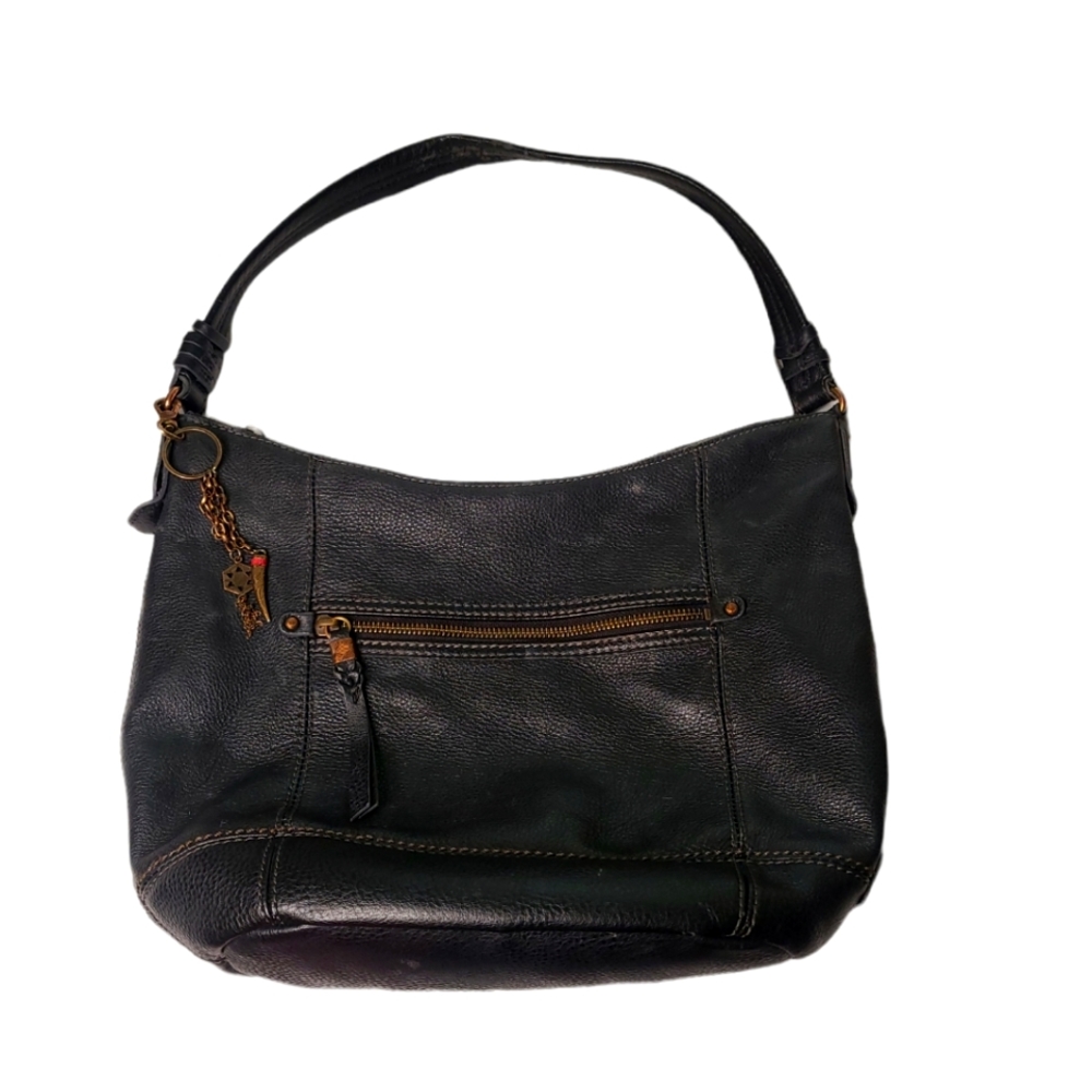 Used THE SAK genuine black leather hobo shoulder handbag with side boho charms